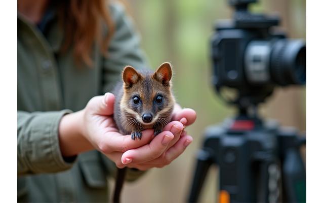 Researcher gently handling a small native animal for study, signifying wildlife monitoring