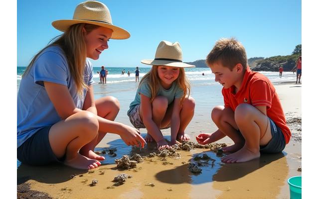 Children learning about marine life with an educator on an Australian beach