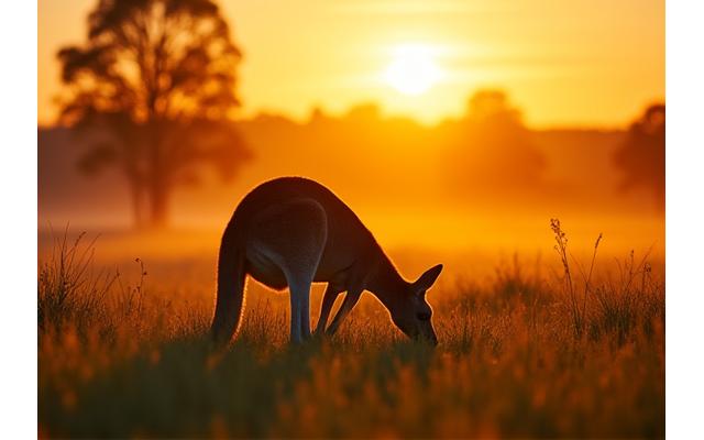 Kangaroo grazing in an open field at sunset in Australia