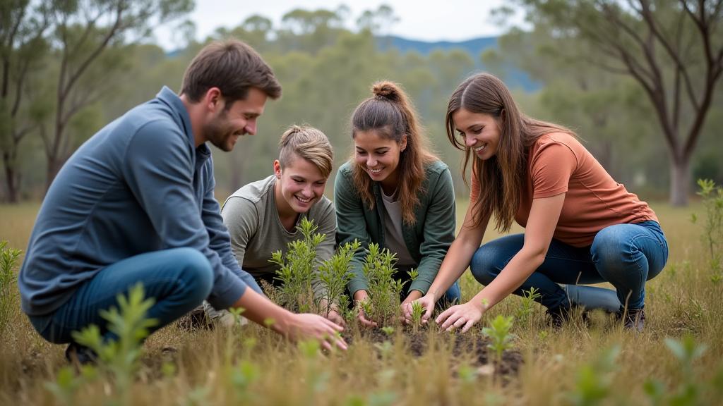 Group of volunteers planting trees in a natural Australian setting